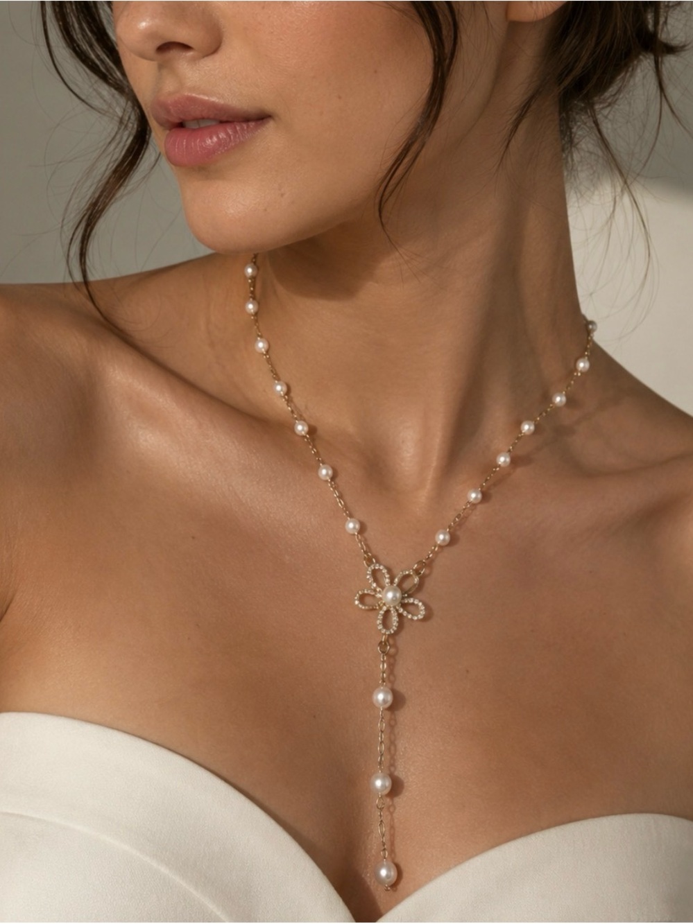 Pearl & Crystal Flower Lariat Y-Necklace | Gold-Tone |